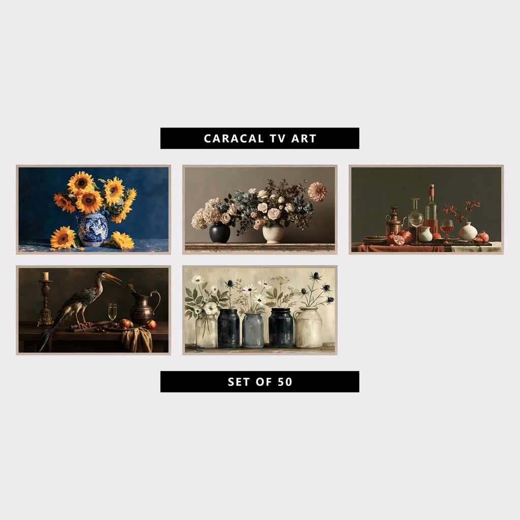 5 vintage TV artworks: moody Sunflowers in a Vase, Floral Still Life, vintage Still Life Roses, Hydrangeas & Dahlia, moody Wine, Pomegranates & Copper Jug, moody Vintage Heron, Candle & Apples, vintage Farmhouse Flowers in Jars, Daisies & Thistles