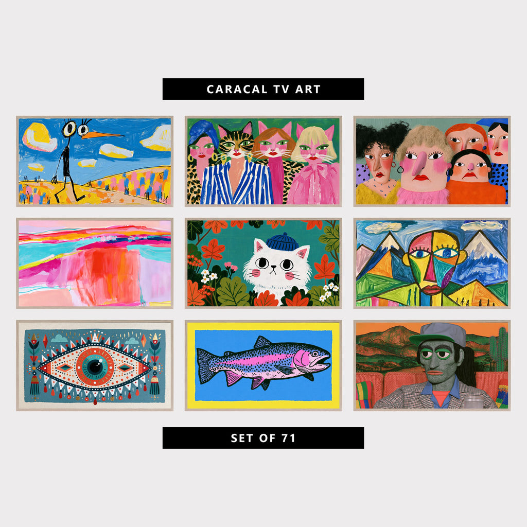 9 colorful TV artworks: colorful Alien Bird & Flower Hills, funny Cat Ladies Fashion Portrait, funny Faces, Women Portrait, modern Abstract Landscape, Bold Brushstrokes, cute Cat & Autumn Leaves, abstract Face & Snowy Mountains, boho Mystic Eye & Tassels, retro Linocut Rainbow Trout Fish, funny Retro Puppet Portrait & Desert Cactus