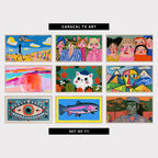 9 colorful TV artworks: colorful Alien Bird & Flower Hills, funny Cat Ladies Fashion Portrait, funny Faces, Women Portrait, modern Abstract Landscape, Bold Brushstrokes, cute Cat & Autumn Leaves, abstract Face & Snowy Mountains, boho Mystic Eye & Tassels, retro Linocut Rainbow Trout Fish, funny Retro Puppet Portrait & Desert Cactus
