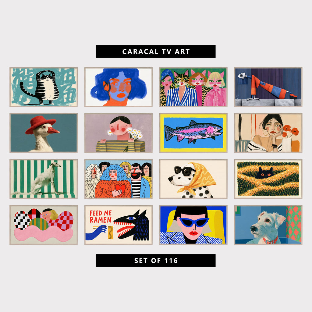 16 modern TV artworks: yoga Cat in Tree Pose, abstract Brushstroke Woman Portrait, funny Cat Ladies Fashion Portrait, surreal Woman Portrait, Bold Graphic Figure, modern Duck Portrait in a Hat, cute Naive Portrait, Woman with Daisies, retro Linocut Rainbow Trout Fish, fashion Woman Portrait with Poppies, elegant Borzoi & Stripes, naive People Portrait with a Heart, retro Dalmatian Portrait with Sunglasses, cute Cat Hiding in Tall Grass, and more