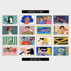 16 modern TV artworks: yoga Cat in Tree Pose, abstract Brushstroke Woman Portrait, funny Cat Ladies Fashion Portrait, surreal Woman Portrait, Bold Graphic Figure, modern Duck Portrait in a Hat, cute Naive Portrait, Woman with Daisies, retro Linocut Rainbow Trout Fish, fashion Woman Portrait with Poppies, elegant Borzoi & Stripes, naive People Portrait with a Heart, retro Dalmatian Portrait with Sunglasses, cute Cat Hiding in Tall Grass, and more