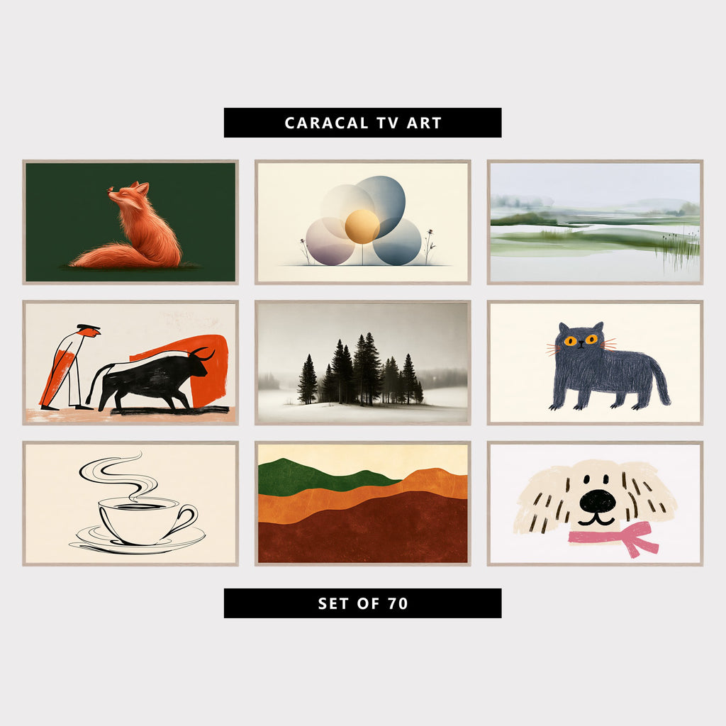 9 minimalist TV artworks: cute Fox & Robin, minimalist Circles & Wildflowers, minimalist Misty Wetland & Reeds, minimalist Matador & Bull, moody Vintage Snowy Pine Trees, Black and White, cute British Blue Cat Sketch, coffee Cup One Line Drawing, mid Century Minimalist Rolling Hills, cute Minimalist Puppy with Pink Scarf