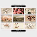 9 floral TV artworks: vintage Neutral Hellebores & Olive Branches, moody Pink Roses & Rosebuds, Dark Botanical, neutral Roses, Ranunculus & Eucalyptus, boho Impressionist Wildflowers & Meadow Grass, vintage Moody Daisy Meadow & Wildflowers, vintage Still Life Dahlias & Wildflower Bouquet, neutral Wildflowers & Roses, vintage Minimalist Rose Campion Wildflowers, impressionist Flower & Leafy Branches