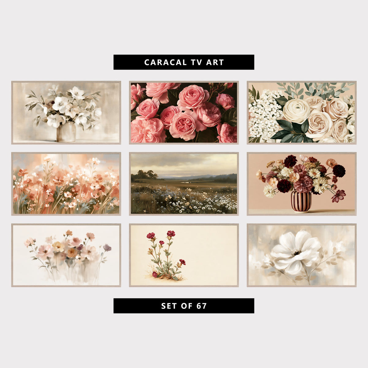9 floral TV artworks: vintage Neutral Hellebores & Olive Branches, moody Pink Roses & Rosebuds, Dark Botanical, neutral Roses, Ranunculus & Eucalyptus, boho Impressionist Wildflowers & Meadow Grass, vintage Moody Daisy Meadow & Wildflowers, vintage Still Life Dahlias & Wildflower Bouquet, neutral Wildflowers & Roses, vintage Minimalist Rose Campion Wildflowers, impressionist Flower & Leafy Branches