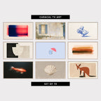 9 minimalist TV artworks: modern Minimalist Color Field, vintage Cottage Window & Blue Shutters, duckling with Flowers, Ink Sketch, modern Torn Paper Vase Collage, cute Kitten, Umbrella & Rain, boho Minimalist Brushstrokes, moody Glowing Koi Fish, minimalist Textured Scallop Shell, minimalist Wallaby