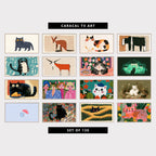 16 animal TV artworks: cute British Blue Cat Sketch, minimalist Wallaby, minimalist Chubby Calico Cat, minimalist Abstract Brushstroke Animal, yoga Cat in Tree Pose, minimalist Goat Sketch, tabby Cat Eating Pasta & Flowers, funny UFO & Aliens, funny Retro French Croissant Breakfast, funny Cat Ladies Fashion Portrait, cute Cat & Autumn Leaves, vintage Kitten in Wildflowers, cute Kitten, Umbrella & Rain, colorful Flower Garden & Wildflowers, and more