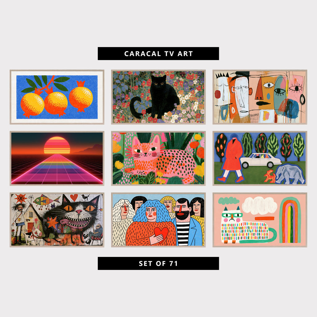 9 colorful TV artworks: colorful Retro Pomegranates & Leaves, colorful Flower Garden & Wildflowers, abstract Naive Faces & Paint Drips, 80s Synthwave Sunset & Neon Grid, colorful Spotted Cat in a Flower Garden, surreal Retro Collage, Car, Elephant & Dog, grinning Black Cat, Pig & Fish, naive People Portrait with a Heart, colorful Rainbow Cat with Glasses & Cloud
