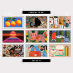9 colorful TV artworks: colorful Retro Pomegranates & Leaves, colorful Flower Garden & Wildflowers, abstract Naive Faces & Paint Drips, 80s Synthwave Sunset & Neon Grid, colorful Spotted Cat in a Flower Garden, surreal Retro Collage, Car, Elephant & Dog, grinning Black Cat, Pig & Fish, naive People Portrait with a Heart, colorful Rainbow Cat with Glasses & Cloud